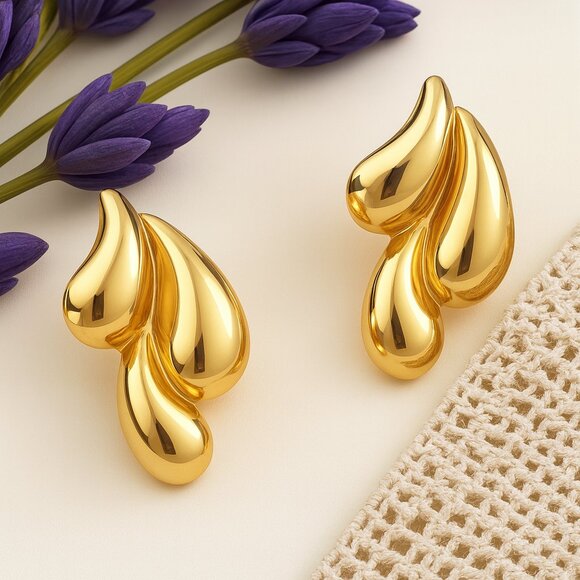 ๐๏ธ18K Gold Plated Stainless Steel Drop Earrings - Unique Teardrop Trendy Design - Picture 7 of 11